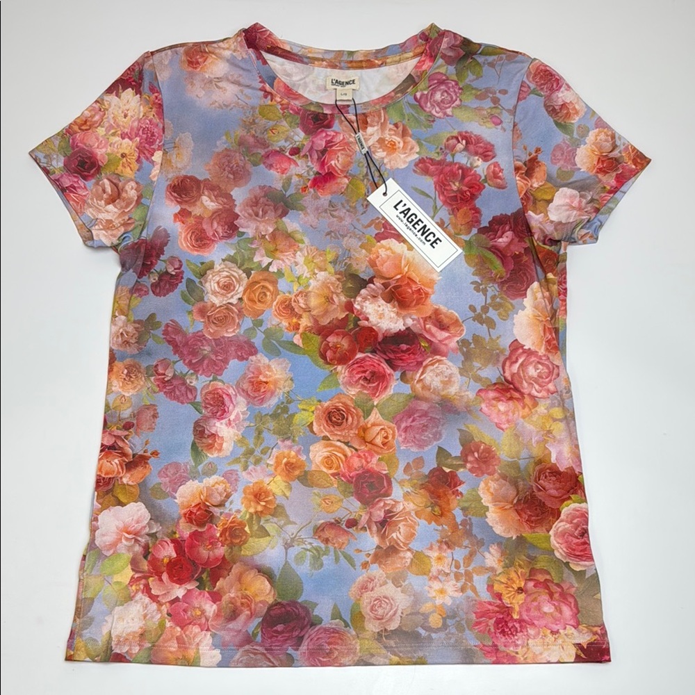 L’AGENCE RESSI FLORAL SHORT-SLEEVE TEE IN MULTI SOFT CLOUD Sz L